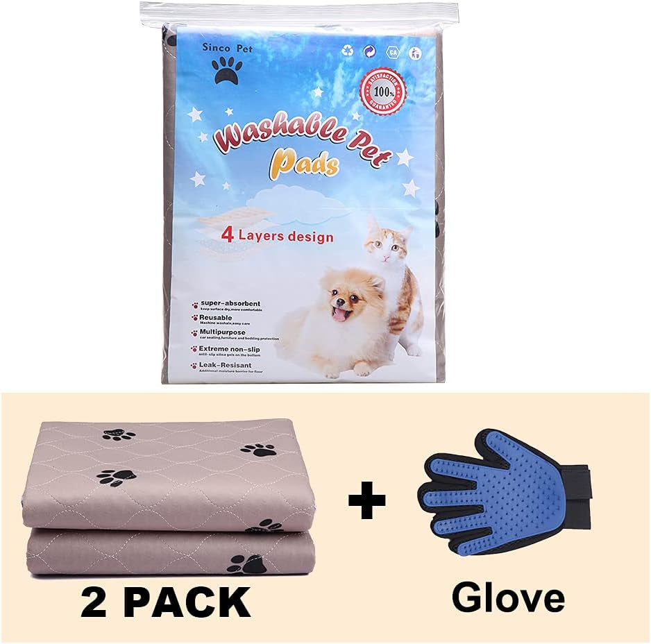 SincoPet LuxeGuard™ 48x48” Reusable Pee Pads (2-Pack) + Puppy Grooming Gloves – Ultra-Absorbent, Waterproof & Non-Slip Dog Training Mats