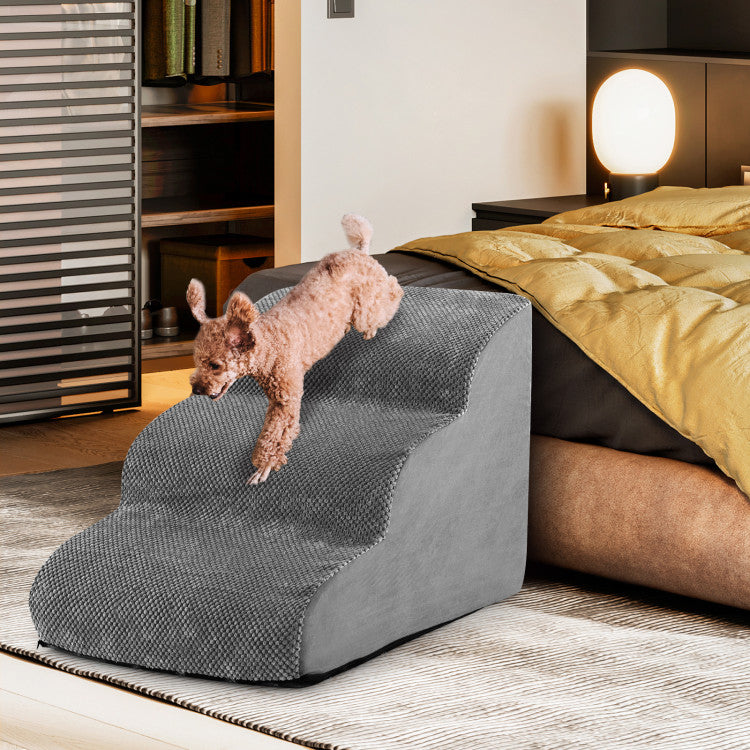 3-Tier Luxury Foam Dog Stairs – Non-Slip, Orthopedic Pet Steps with Washable Suede Cover & Silicone Paw Grip