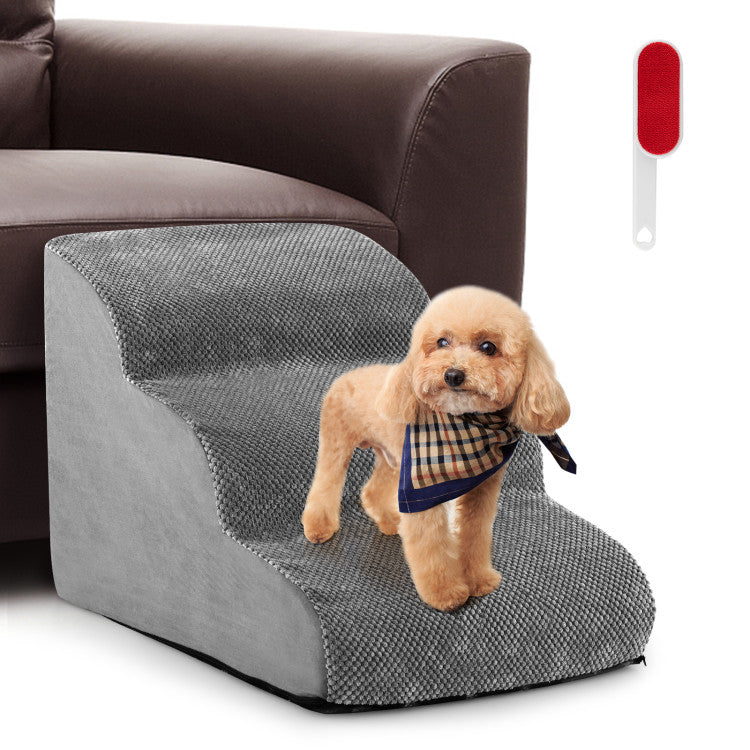 3-Tier Luxury Foam Dog Stairs – Non-Slip, Orthopedic Pet Steps with Washable Suede Cover & Silicone Paw Grip