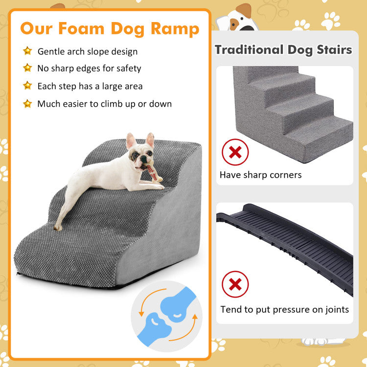 3-Tier Luxury Foam Dog Stairs – Non-Slip, Orthopedic Pet Steps with Washable Suede Cover & Silicone Paw Grip