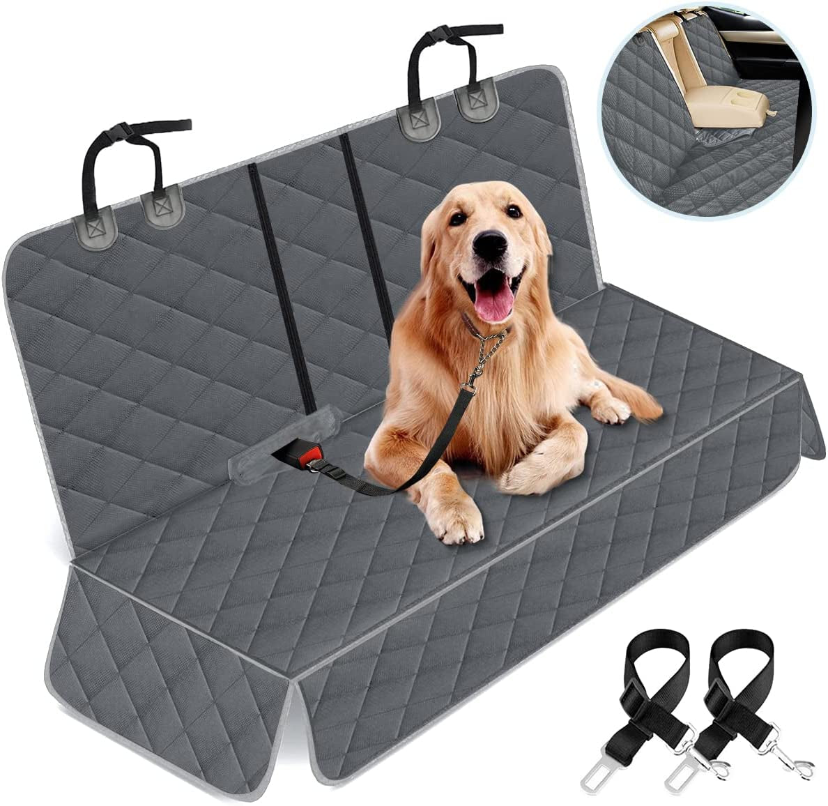 Premium Dog Car Seat Cover : Waterproof Bench Protector with Non-Slip Backing, Adjustable Straps, Fits Most Cars, Trucks, and SUVs – Black/Grey
