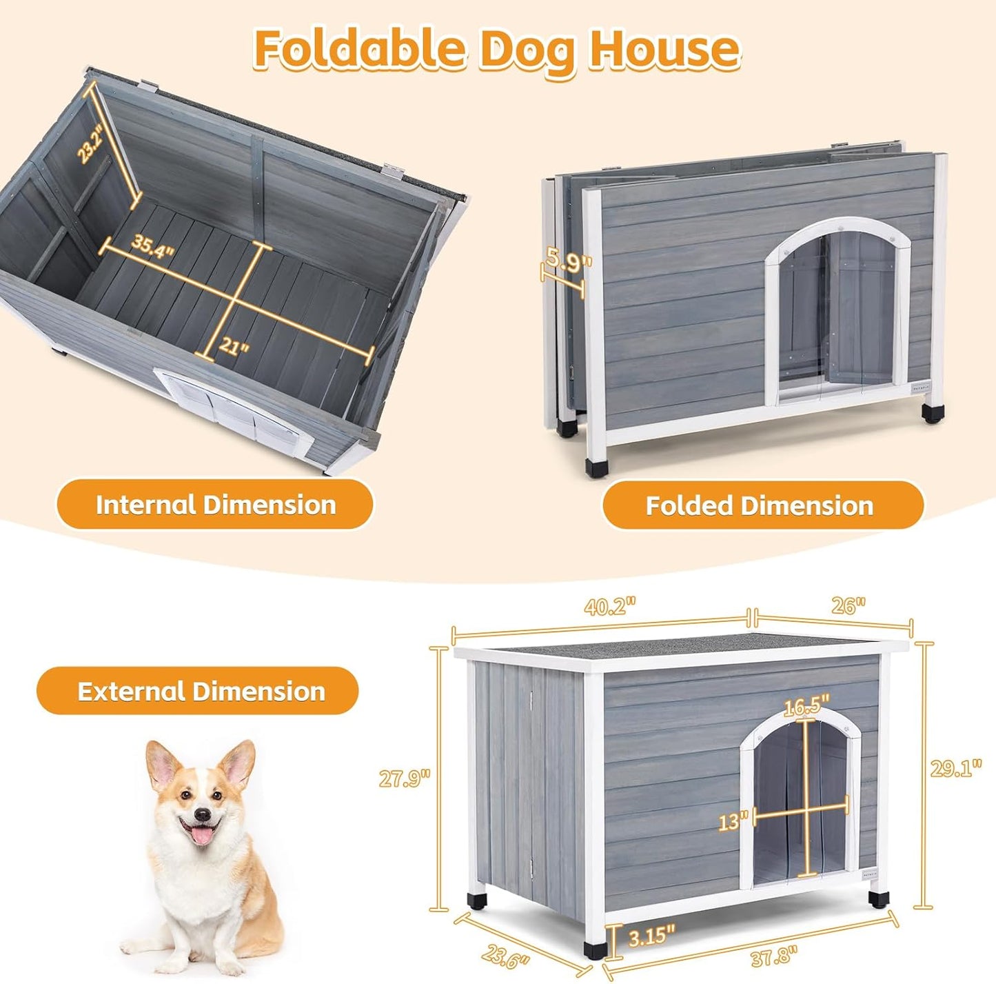 PETSFIT LuxeFold™ 40" Weatherproof Outdoor Dog House : No-Tools Assembly, Foldable Design with Door Flap for Medium Dogs (Grey)