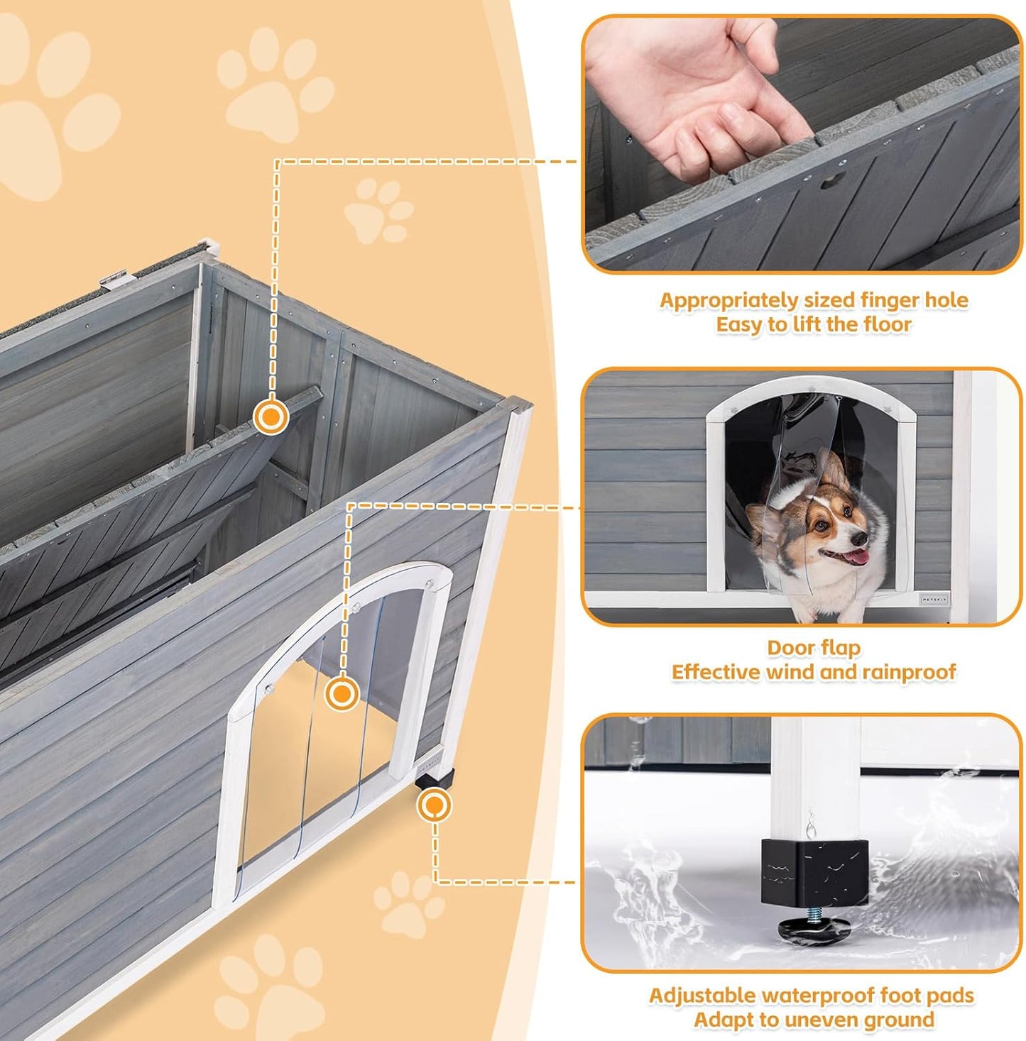 PETSFIT LuxeFold™ 40" Weatherproof Outdoor Dog House : No-Tools Assembly, Foldable Design with Door Flap for Medium Dogs (Grey)