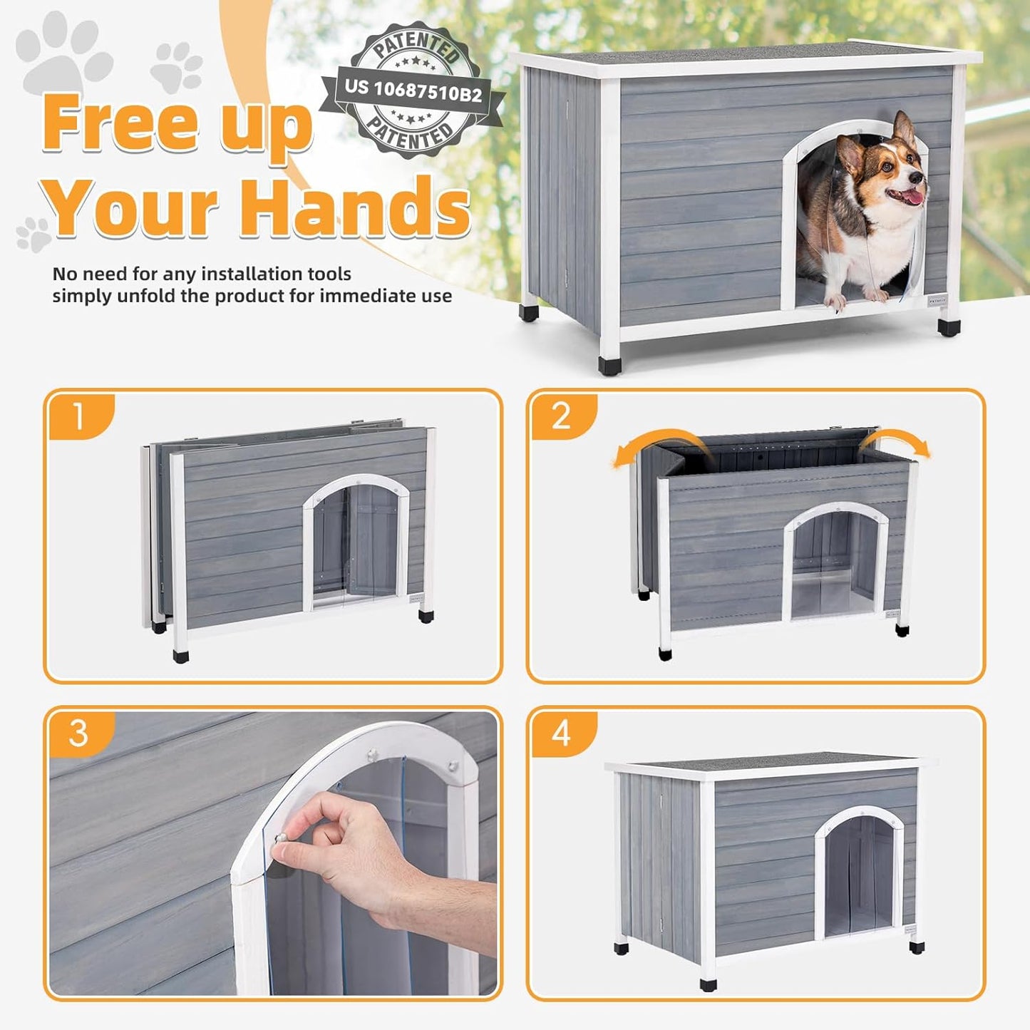 PETSFIT LuxeFold™ 40" Weatherproof Outdoor Dog House : No-Tools Assembly, Foldable Design with Door Flap for Medium Dogs (Grey)