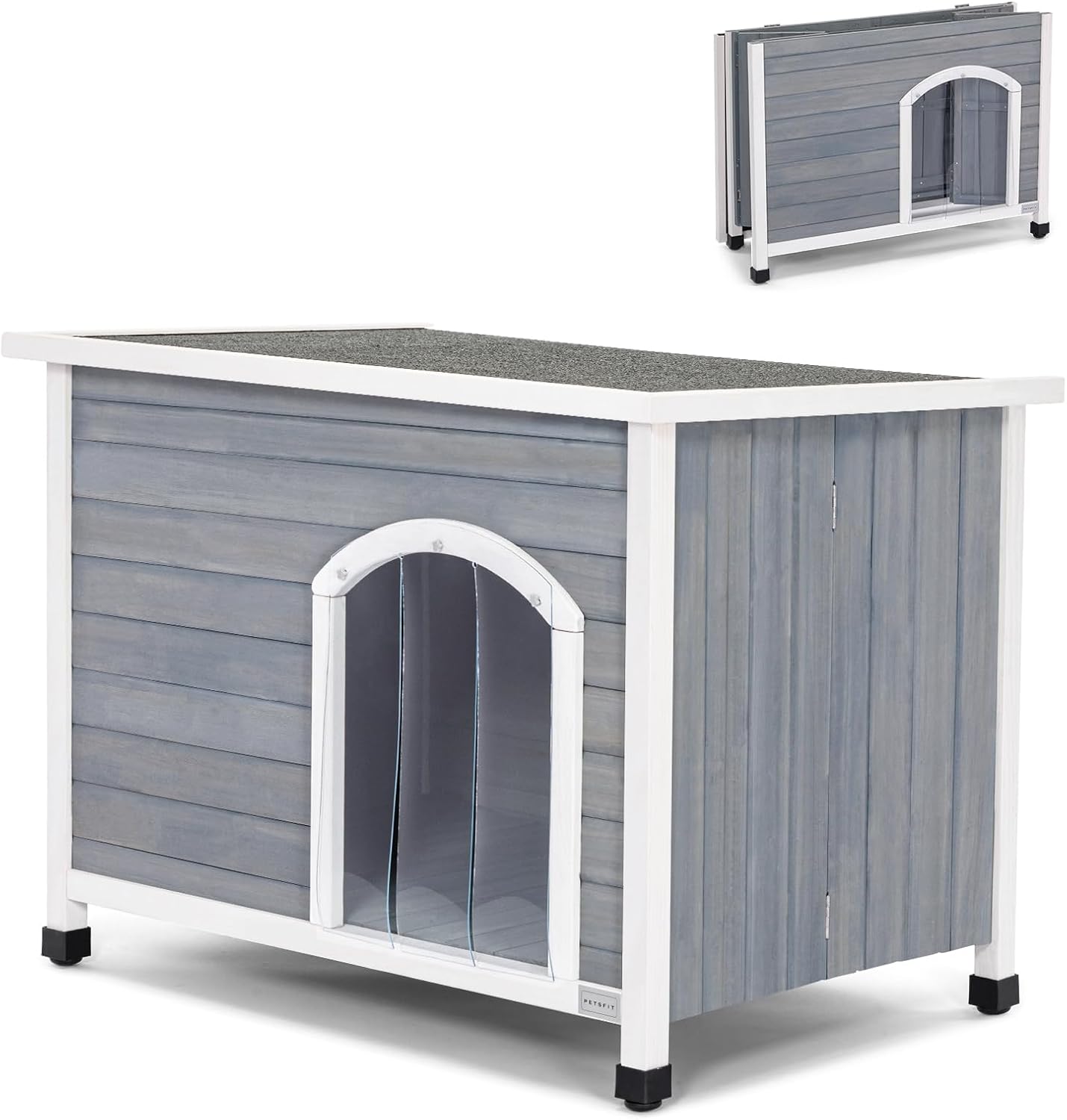 PETSFIT LuxeFold™ 40" Weatherproof Outdoor Dog House : No-Tools Assembly, Foldable Design with Door Flap for Medium Dogs (Grey)
