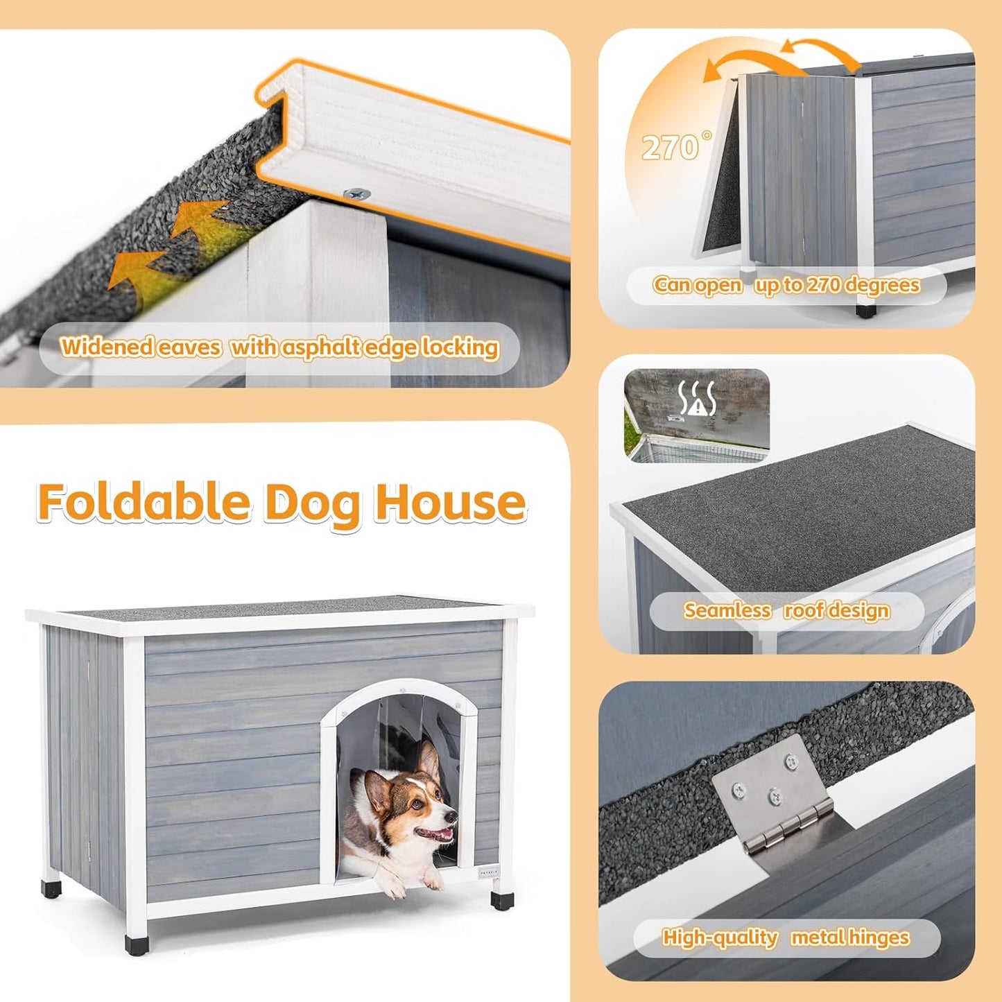 PETSFIT LuxeFold™ 40" Weatherproof Outdoor Dog House : No-Tools Assembly, Foldable Design with Door Flap for Medium Dogs (Grey)