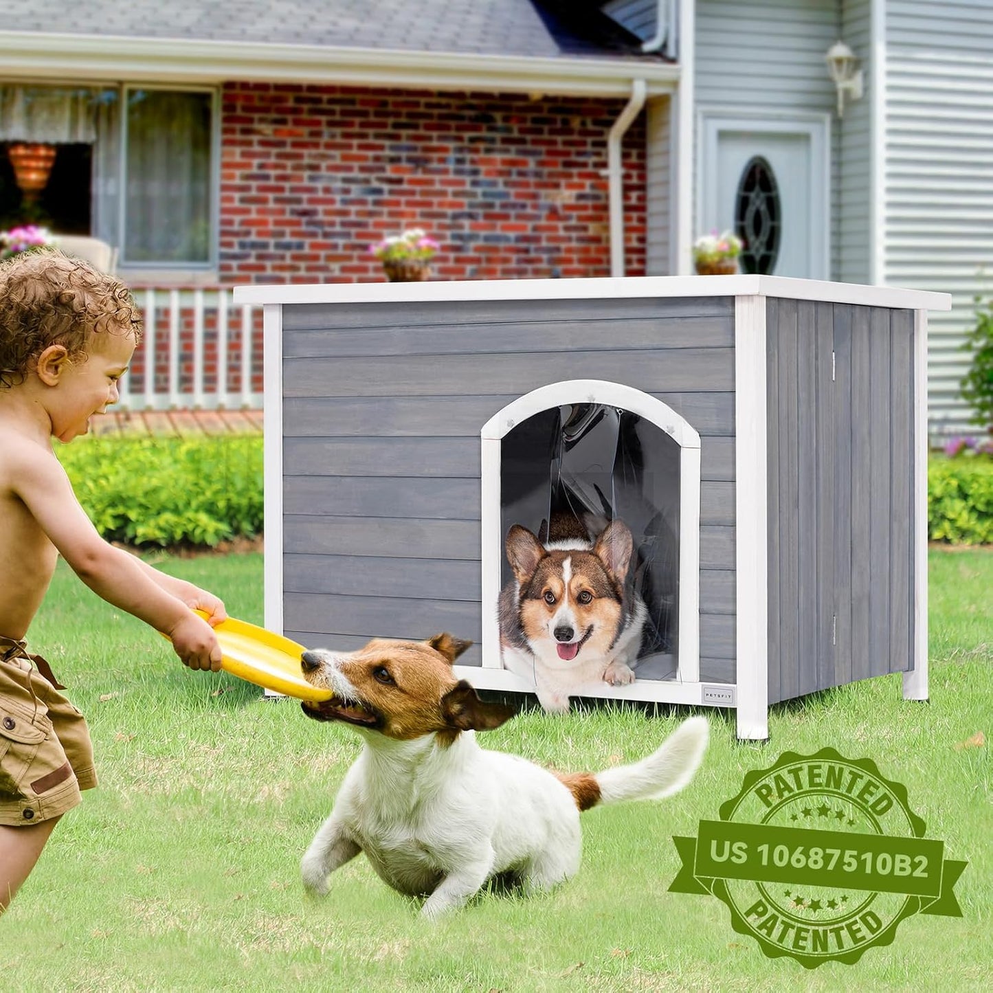 PETSFIT LuxeFold™ 40" Weatherproof Outdoor Dog House : No-Tools Assembly, Foldable Design with Door Flap for Medium Dogs (Grey)