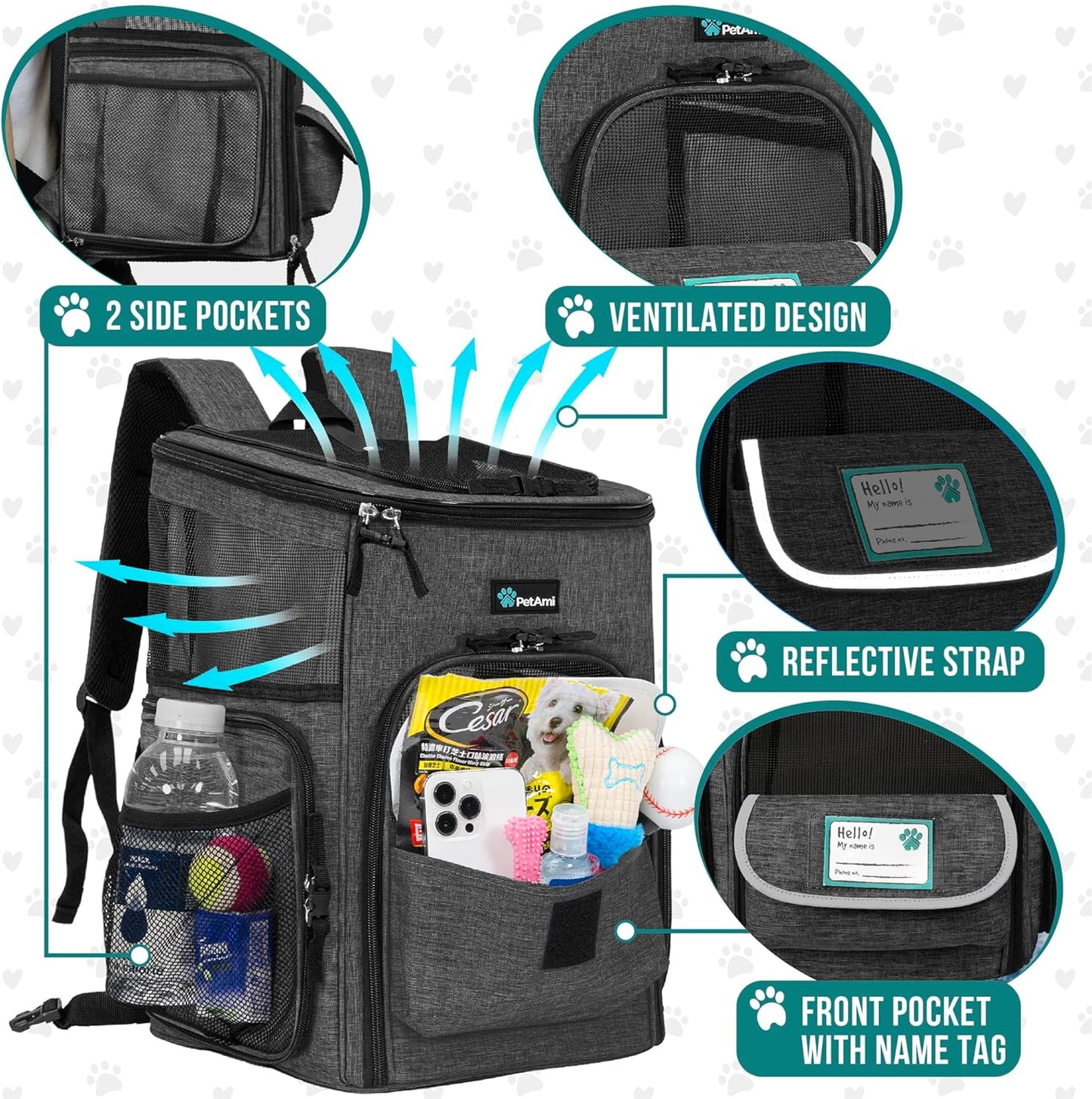 JetPaws™ Deluxe Charcoal Pet Backpack Carrier – Airline Approved, Ventilated & Ergonomic for Stylish Travel with Dogs & Cats Up to 18 lbs