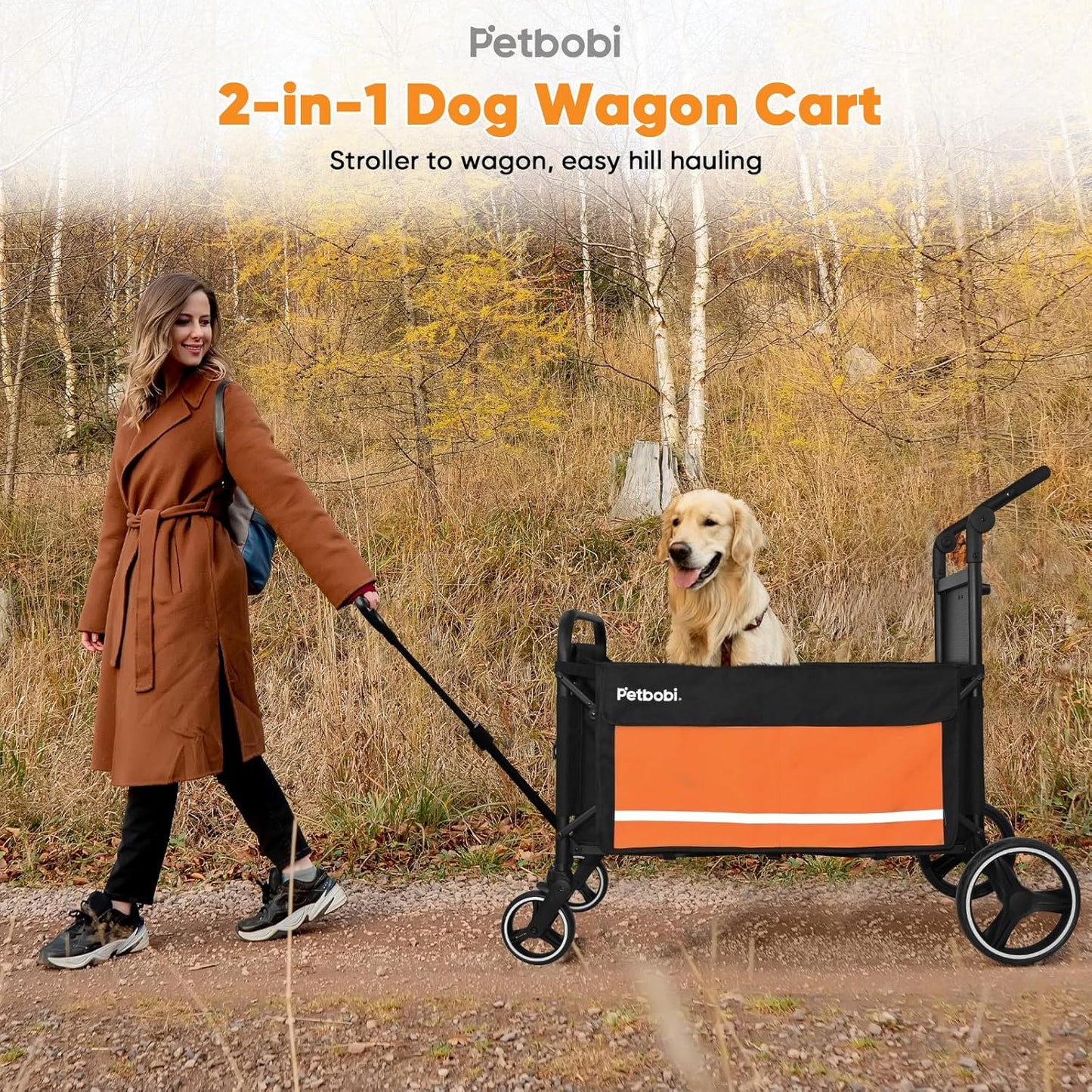Petbobi Luxury Pet Stroller for Large Dogs — Foldable All-Terrain Wagon with Non-Slip Ramp, One-Foot Brake, Reflective Safety, and Spacious Comfort for Senior & Medium Dogs