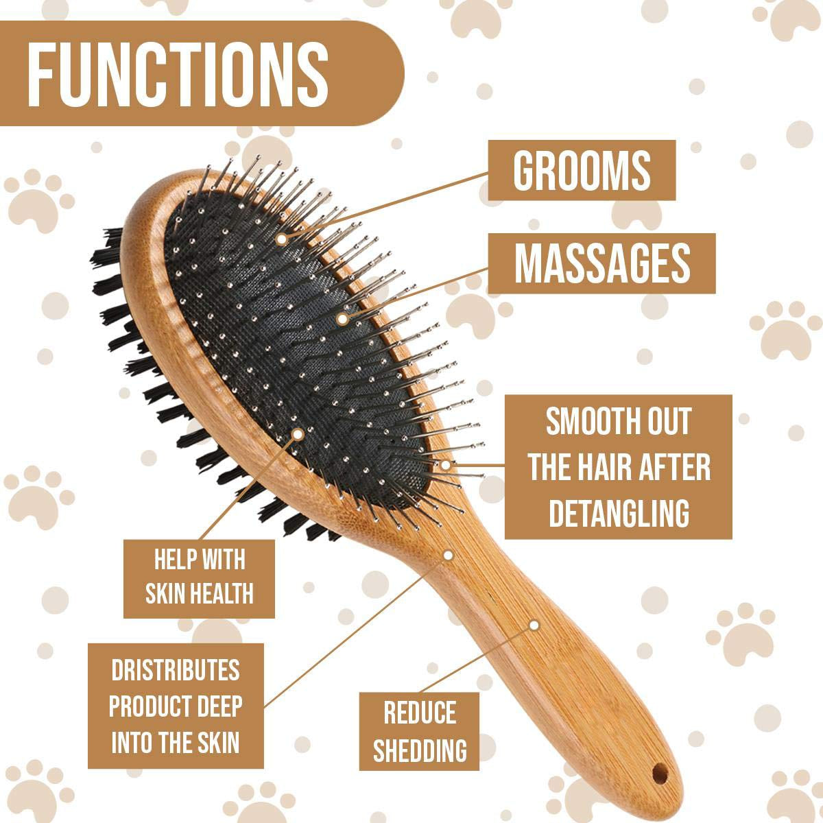 Luxury Bamboo Dog & Cat Grooming Brush – Double-Sided Slicker with Natural Bristles & Massage Pins for Shedding, Detangling & Coat Shine