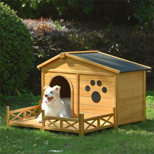 Pawsh & Co. Medium Luxury Wooden Dog House with Porch : Weather-Resistant Pine Kennel, Raised Floor, Paw Print Charm, for Stylish Indoor & Outdoor Living