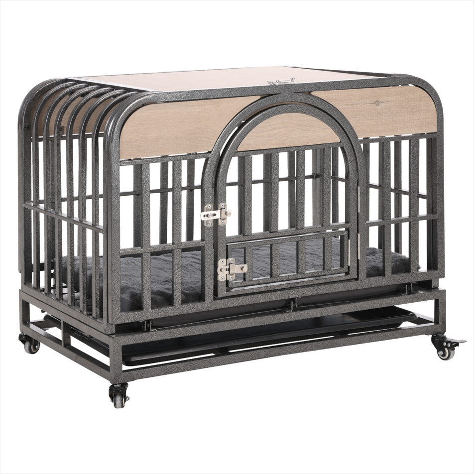 46-Inch Premium Heavy-Duty Dog Crate with Luxury Furniture-Style Design, Reinforced Steel, Removable Trays & Lockable Wheels for High-Anxiety Dogs