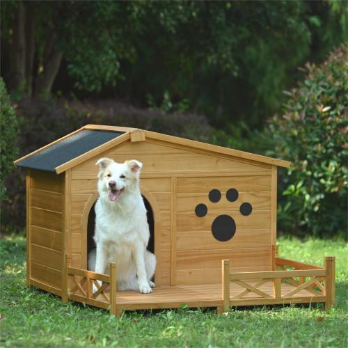 Pawsh & Co. Medium Luxury Wooden Dog House with Porch : Weather-Resistant Pine Kennel, Raised Floor, Paw Print Charm, for Stylish Indoor & Outdoor Living