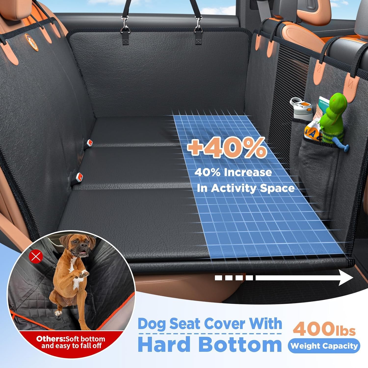 Luxury Waterproof Back Seat Extender for Dogs – Heavy-Duty PU Leather Car Hammock, Foldable with Hard Bottom, Breathable Mesh & Storage, Supports 400 lbs