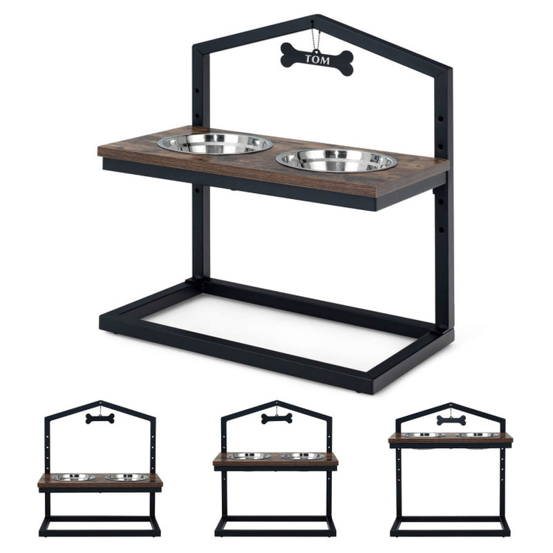Elevated Dog Bowl Stand with Adjustable Heights – Industrial Bamboo & Stainless Steel Feeder for Medium to Large Dogs