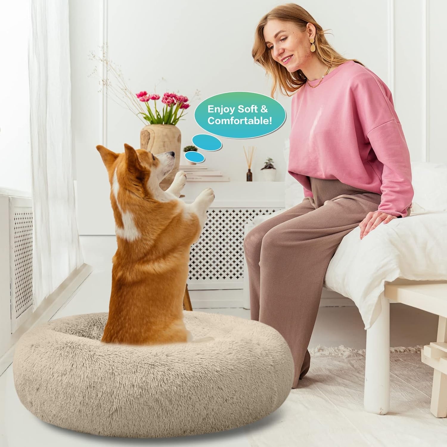 Plush Calming Donut Dog Beds for Small Dogs, Medium, Large & X-Large Breeds, Comfy Cuddler Dog Bed and Cat Bed in Faux Fur, Washable, Multiple Sizes S-XXL