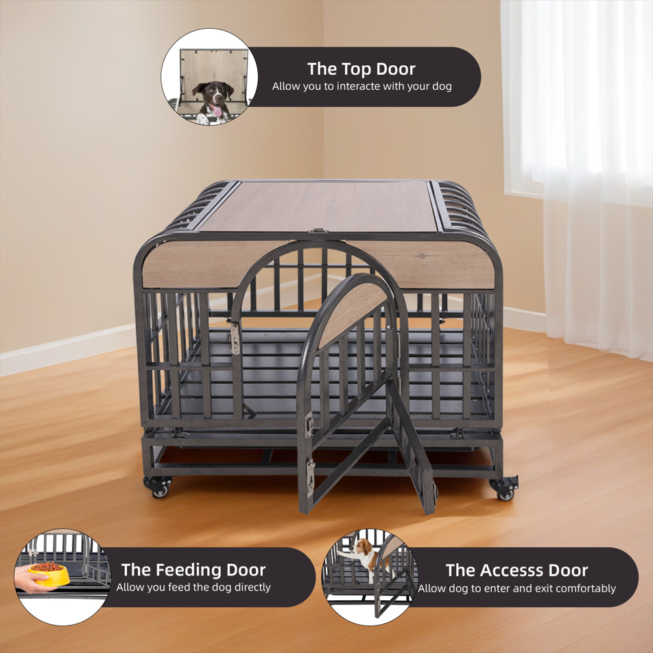 46-Inch Premium Heavy-Duty Dog Crate with Luxury Furniture-Style Design, Reinforced Steel, Removable Trays & Lockable Wheels for High-Anxiety Dogs