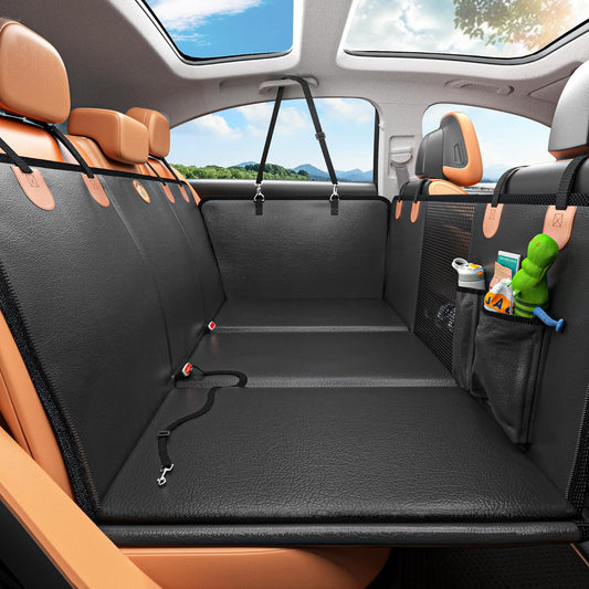 Luxury Waterproof Back Seat Extender for Dogs – Heavy-Duty PU Leather Car Hammock, Foldable with Hard Bottom, Breathable Mesh & Storage, Supports 400 lbs