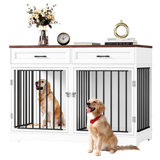 Pawsh & Co. 47" Elegant Dog Crate Furniture with 2 Drawers & Divider : Stylish Indoor Wooden Dog Cage Table for Chic Homes