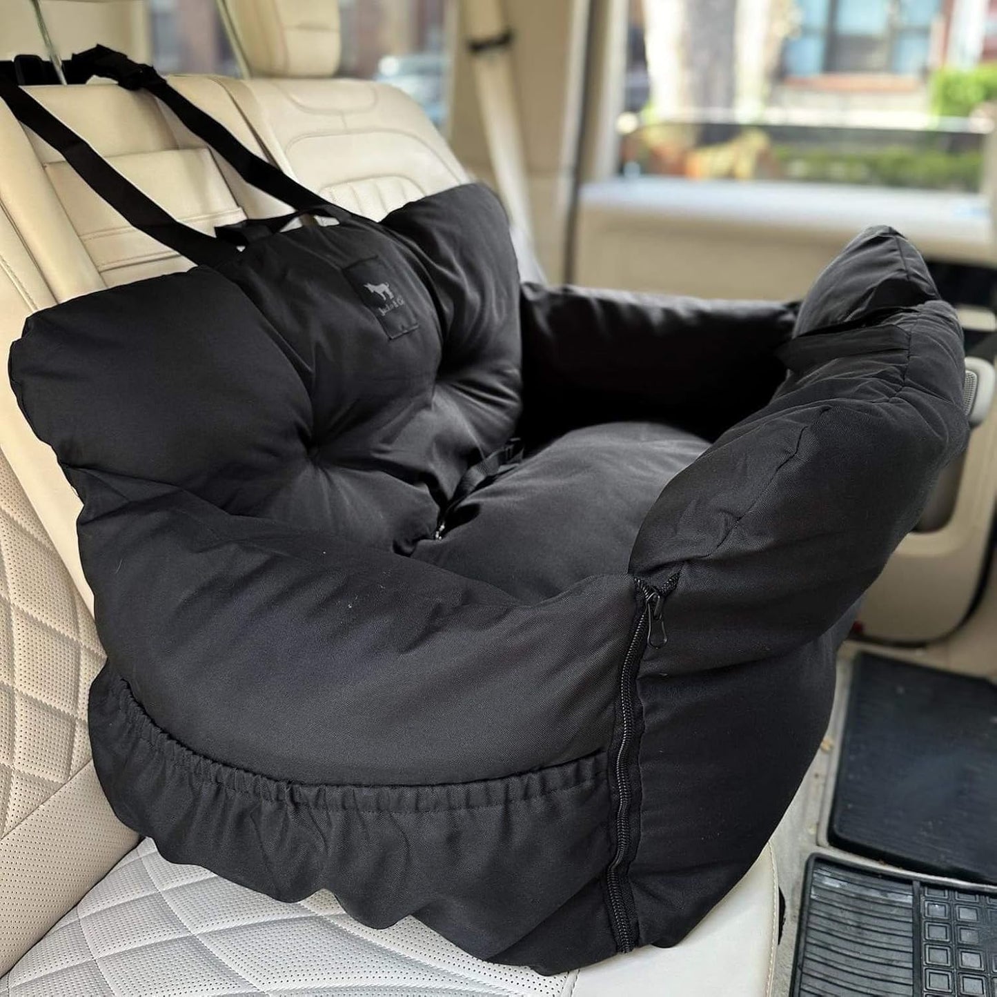 Pawsh & Co™ LuxeRide Dog Car Seat Bed – Plush Travel Carrier for Small & Medium Dogs (1–25lbs), Cushioned, Water-Resistant, Machine Washable, Convertible Design – Jet Black Elegance