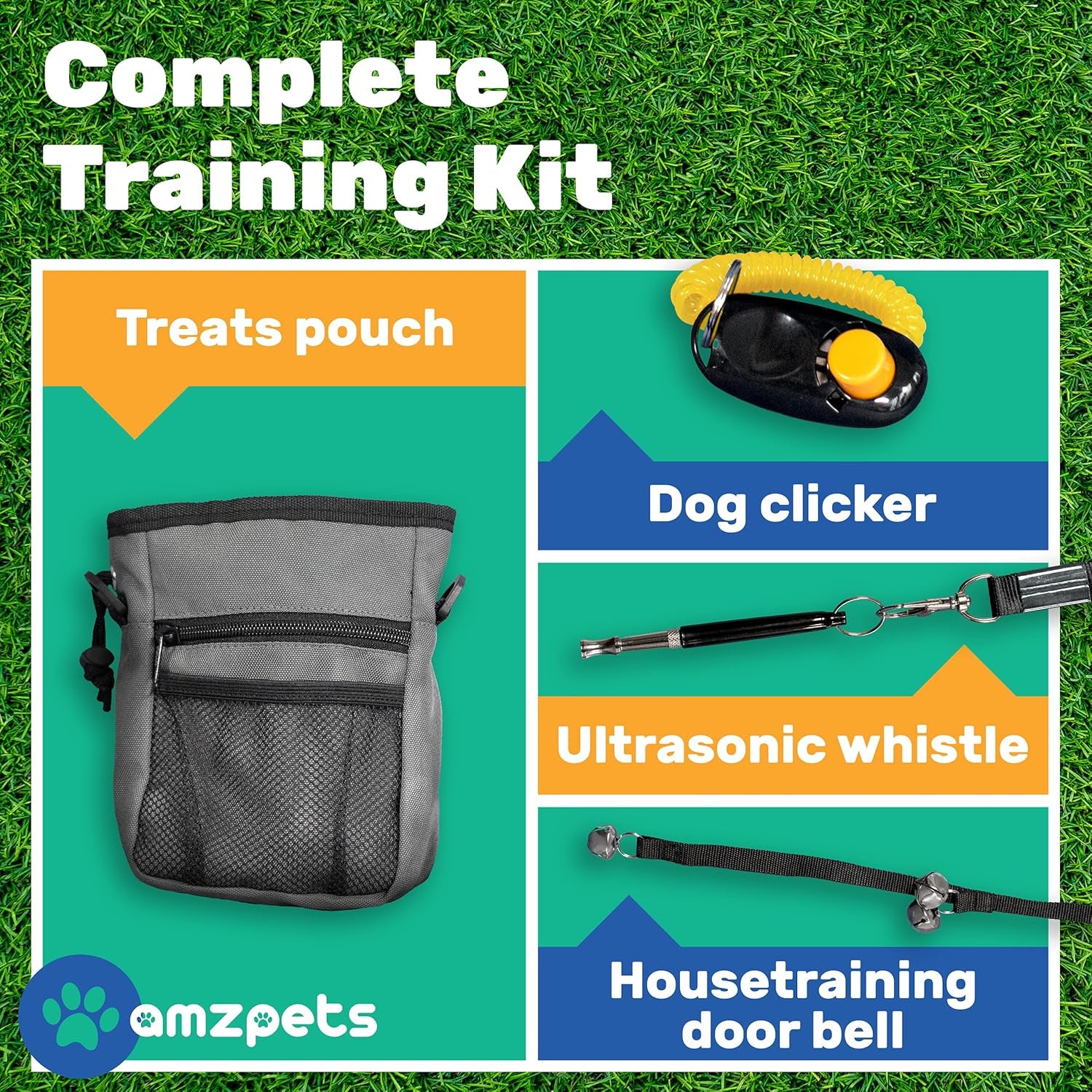 Luxury 4-in-1 Dog Training Essentials Kit – Clicker, Treat Pouch with Poop Bag Dispenser, Potty Training Doorbells & Ultrasonic Whistle – Obedience, Behavior, and Bark Control Set for Dogs of All Sizes