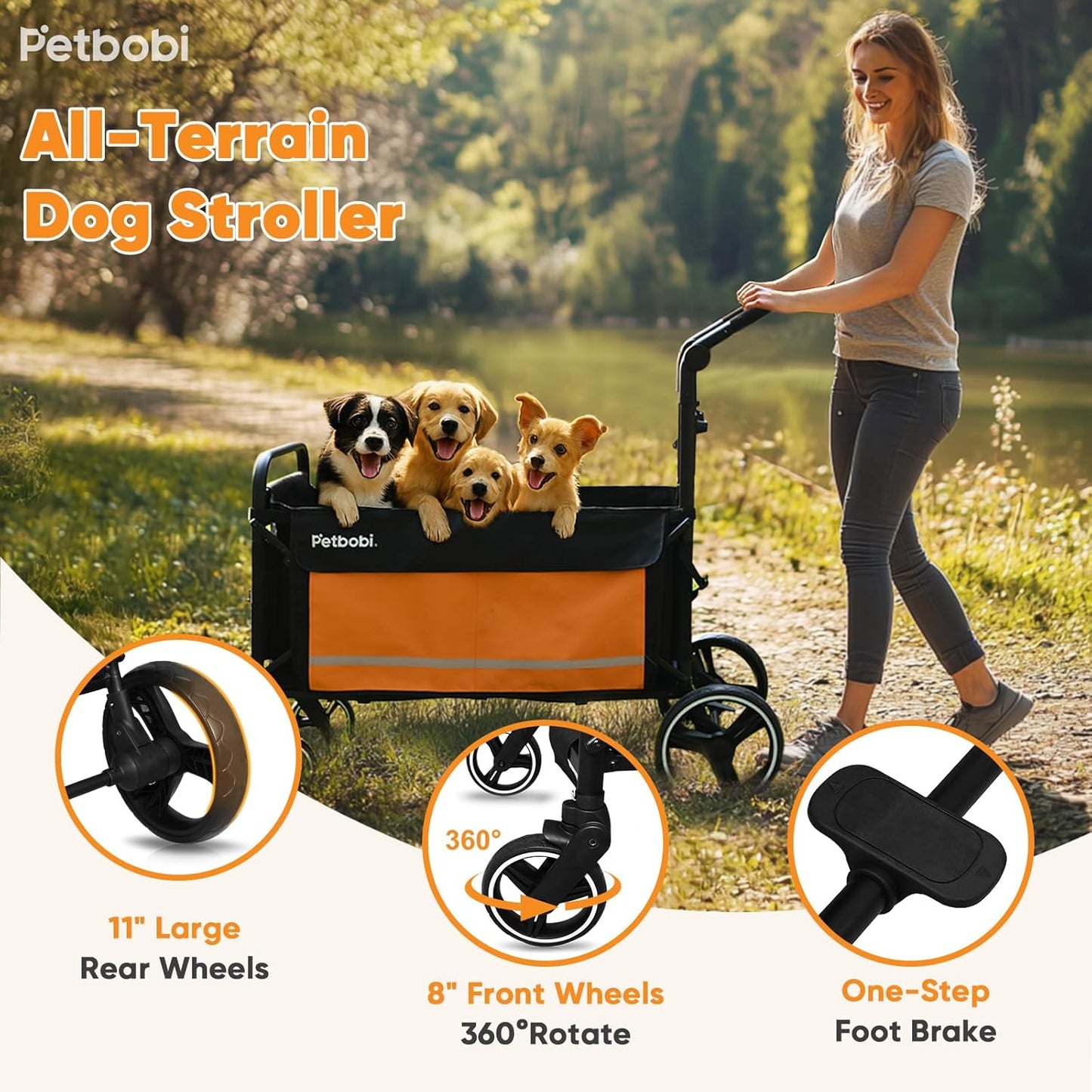 Petbobi Luxury Pet Stroller for Large Dogs — Foldable All-Terrain Wagon with Non-Slip Ramp, One-Foot Brake, Reflective Safety, and Spacious Comfort for Senior & Medium Dogs