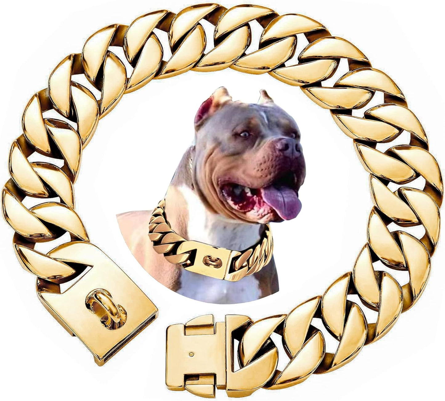 K9 LuxeLink™ 32MM Cuban Chain Dog Collar – Heavy-Duty Stainless Steel Silver Collar with Power Buckle for Strong, Large Breeds