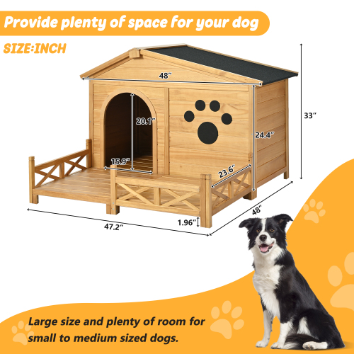 Pawsh & Co. Medium Luxury Wooden Dog House with Porch : Weather-Resistant Pine Kennel, Raised Floor, Paw Print Charm, for Stylish Indoor & Outdoor Living