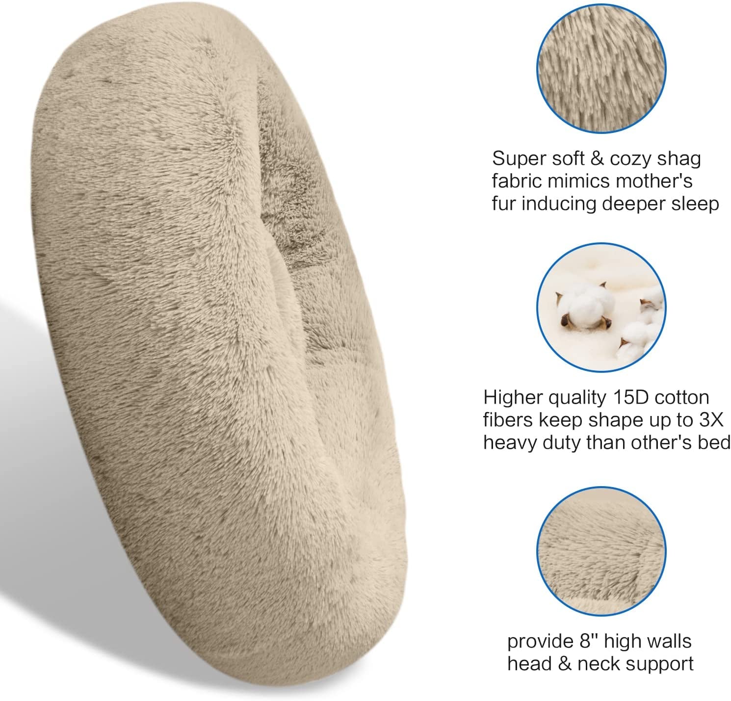 Plush Calming Donut Dog Beds for Small Dogs, Medium, Large & X-Large Breeds, Comfy Cuddler Dog Bed and Cat Bed in Faux Fur, Washable, Multiple Sizes S-XXL