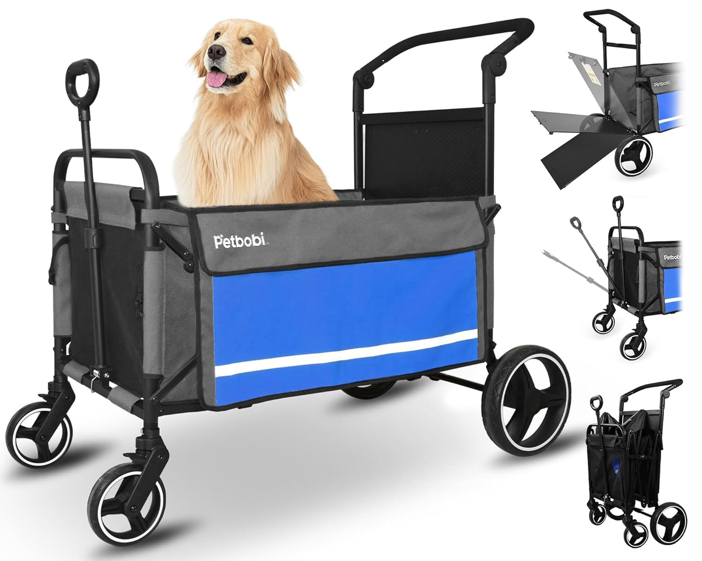 Petbobi Luxury Pet Stroller for Large Dogs — Foldable All-Terrain Wagon with Non-Slip Ramp, One-Foot Brake, Reflective Safety, and Spacious Comfort for Senior & Medium Dogs