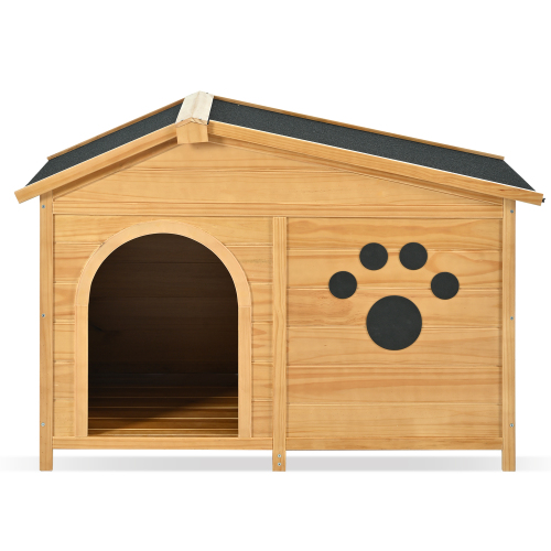 Pawsh & Co. Medium Luxury Wooden Dog House with Porch : Weather-Resistant Pine Kennel, Raised Floor, Paw Print Charm, for Stylish Indoor & Outdoor Living