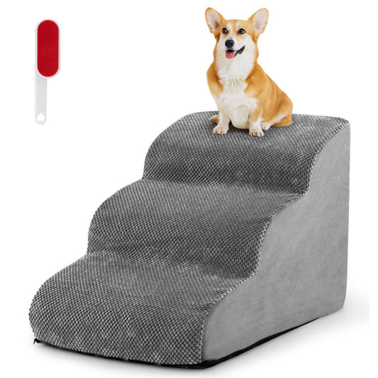 3-Tier Luxury Foam Dog Stairs – Non-Slip, Orthopedic Pet Steps with Washable Suede Cover & Silicone Paw Grip