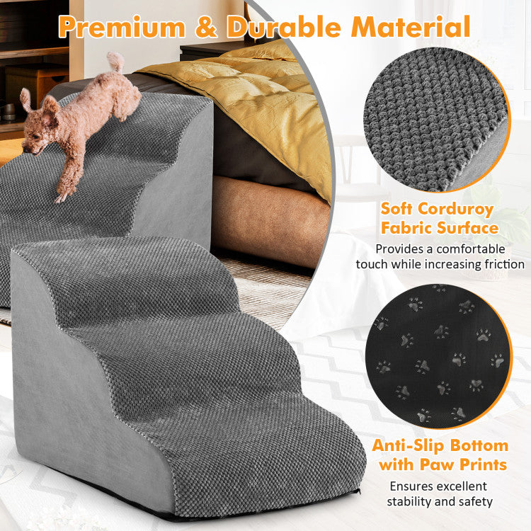 3-Tier Luxury Foam Dog Stairs – Non-Slip, Orthopedic Pet Steps with Washable Suede Cover & Silicone Paw Grip