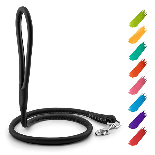 Luxury Rolled Leather Dog Leash – 4ft Premium Soft Padded Lead for Small, Medium & Large Dogs | Heavy-Duty, Handcrafted Leash for Walking & Training | Black | Elegant, Durable & Gentle on Hands