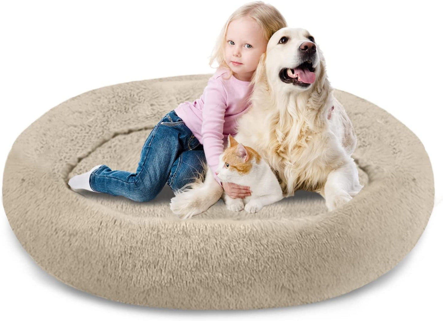 Plush Calming Donut Dog Beds for Small Dogs, Medium, Large & X-Large Breeds, Comfy Cuddler Dog Bed and Cat Bed in Faux Fur, Washable, Multiple Sizes S-XXL