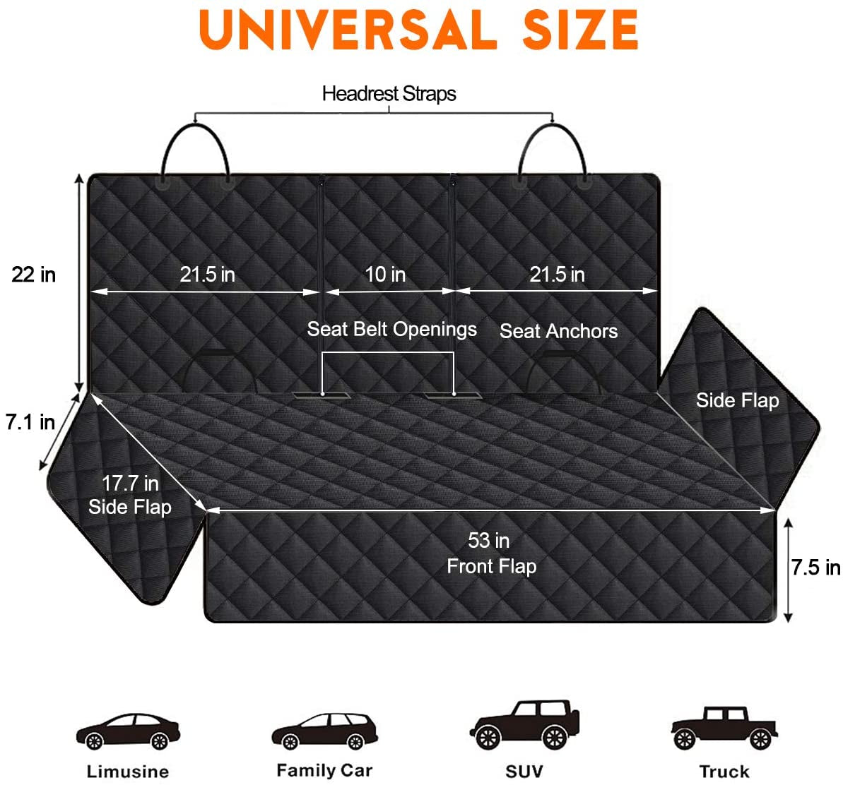 Premium Dog Car Seat Cover : Waterproof Bench Protector with Non-Slip Backing, Adjustable Straps, Fits Most Cars, Trucks, and SUVs – Black/Grey