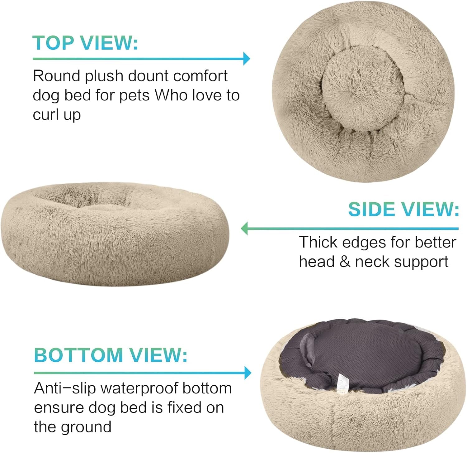 Plush Calming Donut Dog Beds for Small Dogs, Medium, Large & X-Large Breeds, Comfy Cuddler Dog Bed and Cat Bed in Faux Fur, Washable, Multiple Sizes S-XXL