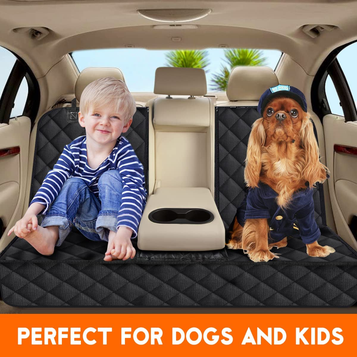 Premium Dog Car Seat Cover : Waterproof Bench Protector with Non-Slip Backing, Adjustable Straps, Fits Most Cars, Trucks, and SUVs – Black/Grey