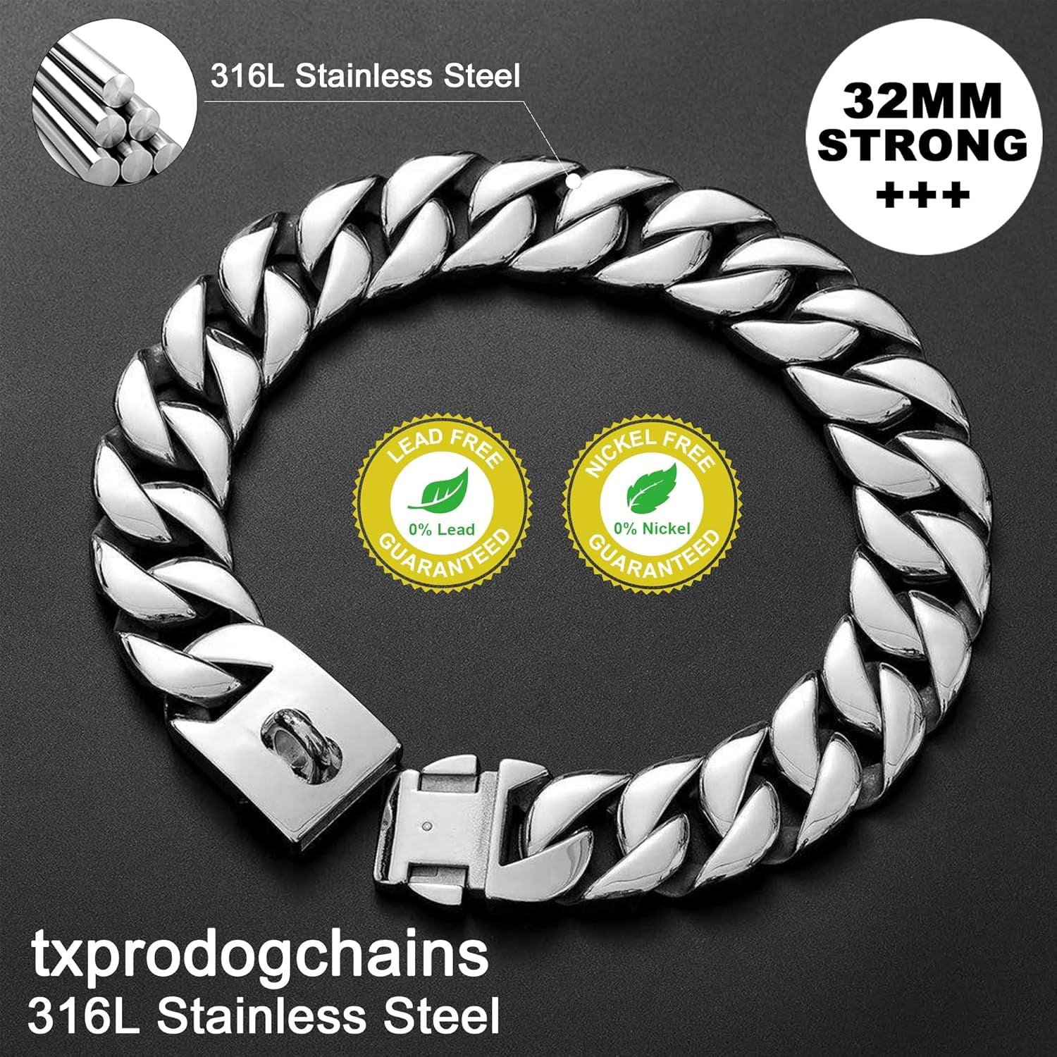 K9 LuxeLink™ 32MM Cuban Chain Dog Collar – Heavy-Duty Stainless Steel Silver Collar with Power Buckle for Strong, Large Breeds