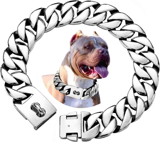 K9 LuxeLink™ 32MM Cuban Chain Dog Collar – Heavy-Duty Stainless Steel Silver Collar with Power Buckle for Strong, Large Breeds