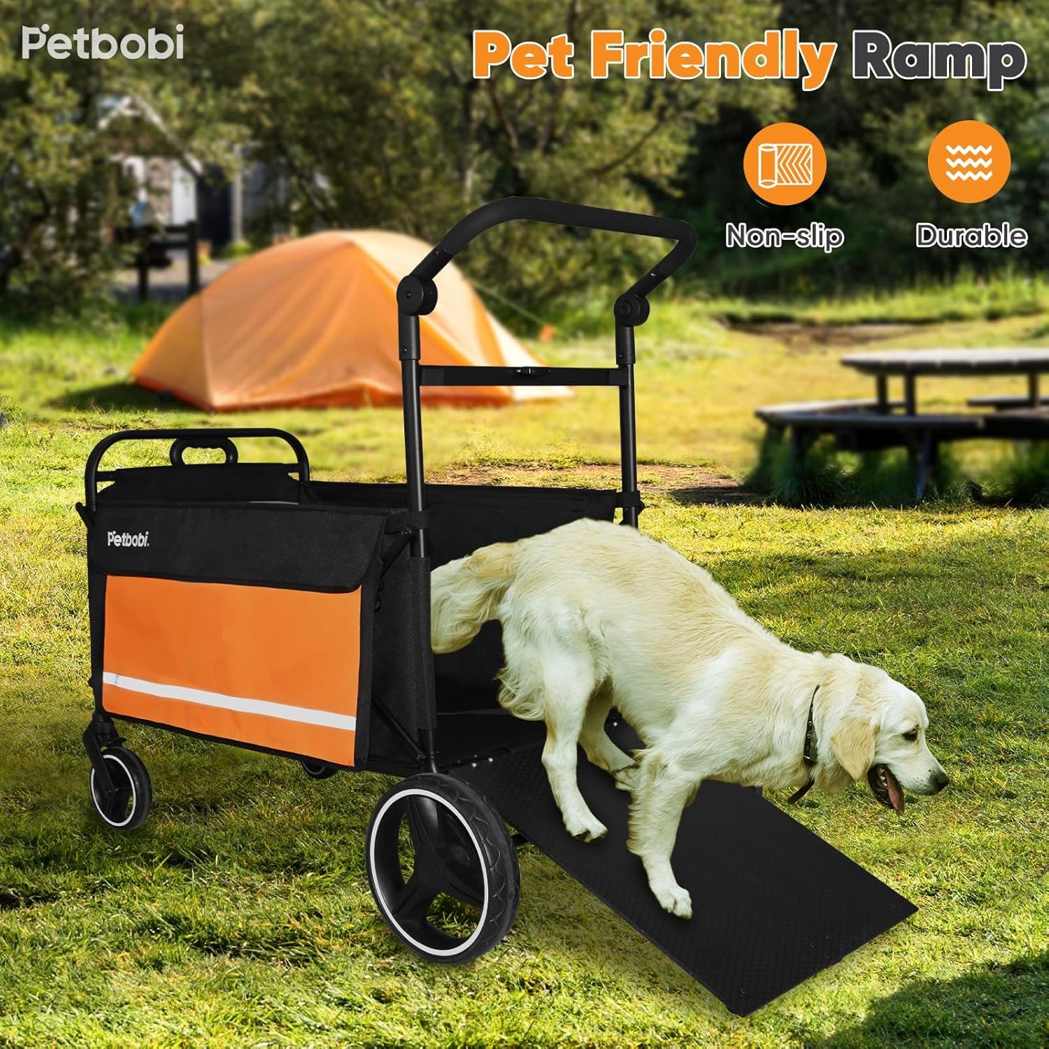 Petbobi Luxury Pet Stroller for Large Dogs — Foldable All-Terrain Wagon with Non-Slip Ramp, One-Foot Brake, Reflective Safety, and Spacious Comfort for Senior & Medium Dogs