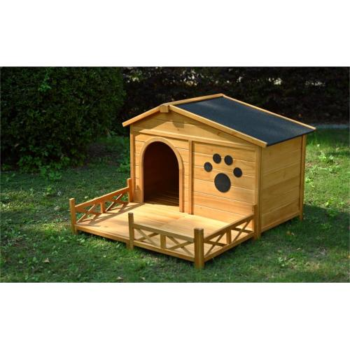 Pawsh & Co. Medium Luxury Wooden Dog House with Porch : Weather-Resistant Pine Kennel, Raised Floor, Paw Print Charm, for Stylish Indoor & Outdoor Living