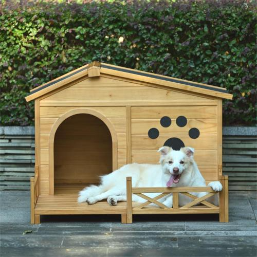 Pawsh & Co. Medium Luxury Wooden Dog House with Porch : Weather-Resistant Pine Kennel, Raised Floor, Paw Print Charm, for Stylish Indoor & Outdoor Living