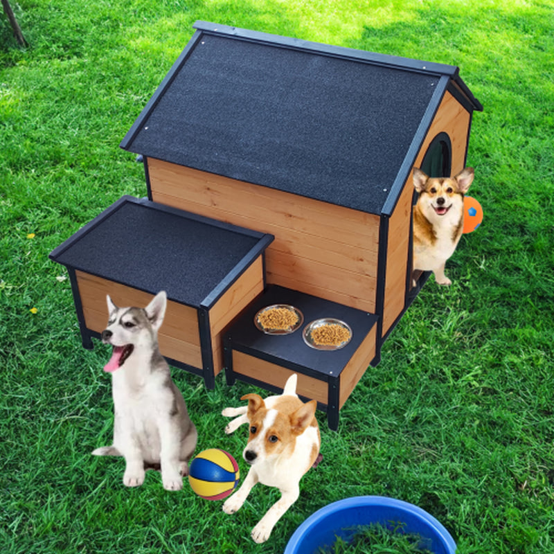 Luxury Outdoor Wooden Dog House with Feeding Station & Toy Storage – Durable, Weatherproof Haven for Multiple Dogs