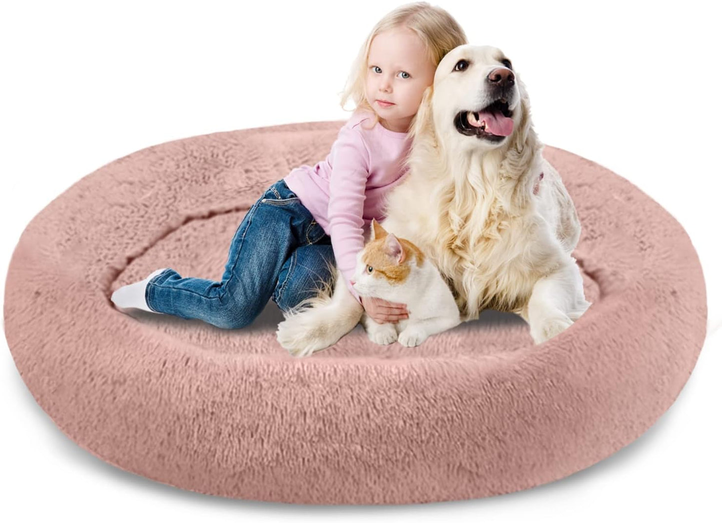 Plush Calming Donut Dog Beds for Small Dogs, Medium, Large & X-Large Breeds, Comfy Cuddler Dog Bed and Cat Bed in Faux Fur, Washable, Multiple Sizes S-XXL