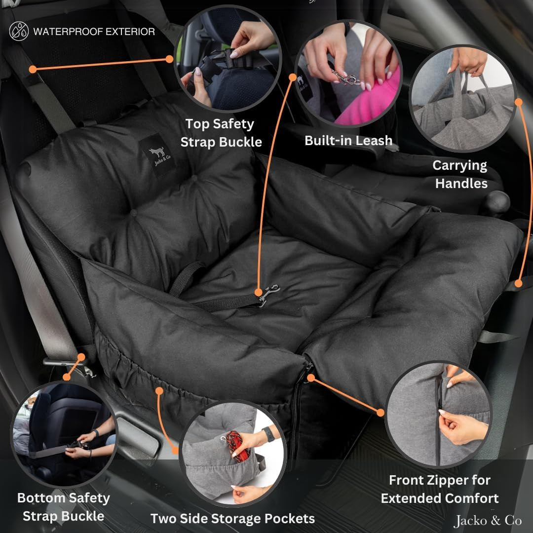 Pawsh & Co™ LuxeRide Dog Car Seat Bed – Plush Travel Carrier for Small & Medium Dogs (1–25lbs), Cushioned, Water-Resistant, Machine Washable, Convertible Design – Jet Black Elegance