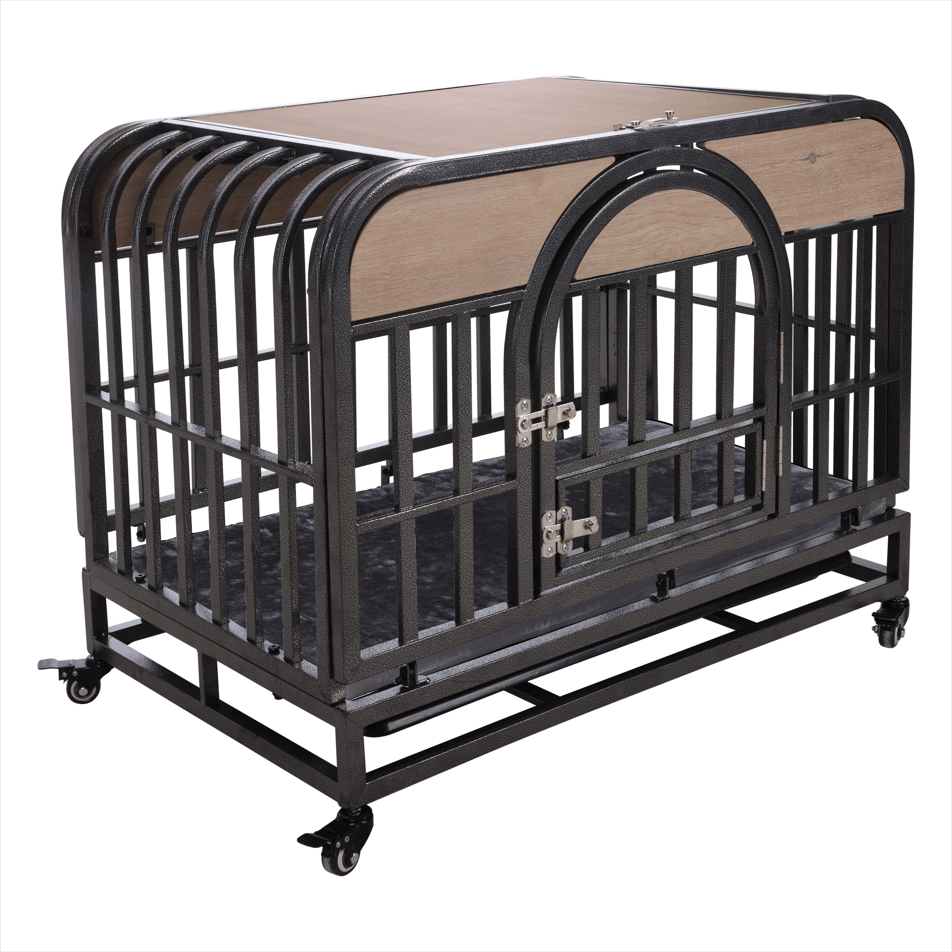 46-Inch Premium Heavy-Duty Dog Crate with Luxury Furniture-Style Design, Reinforced Steel, Removable Trays & Lockable Wheels for High-Anxiety Dogs