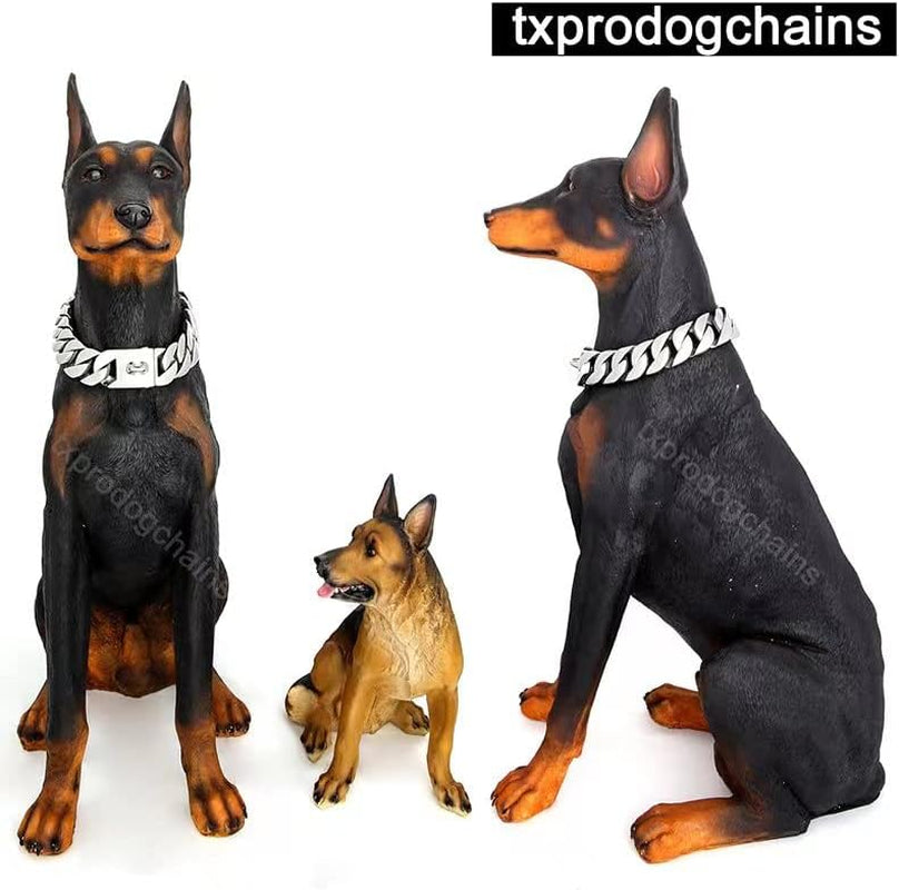 K9 LuxeLink™ 32MM Cuban Chain Dog Collar – Heavy-Duty Stainless Steel Silver Collar with Power Buckle for Strong, Large Breeds