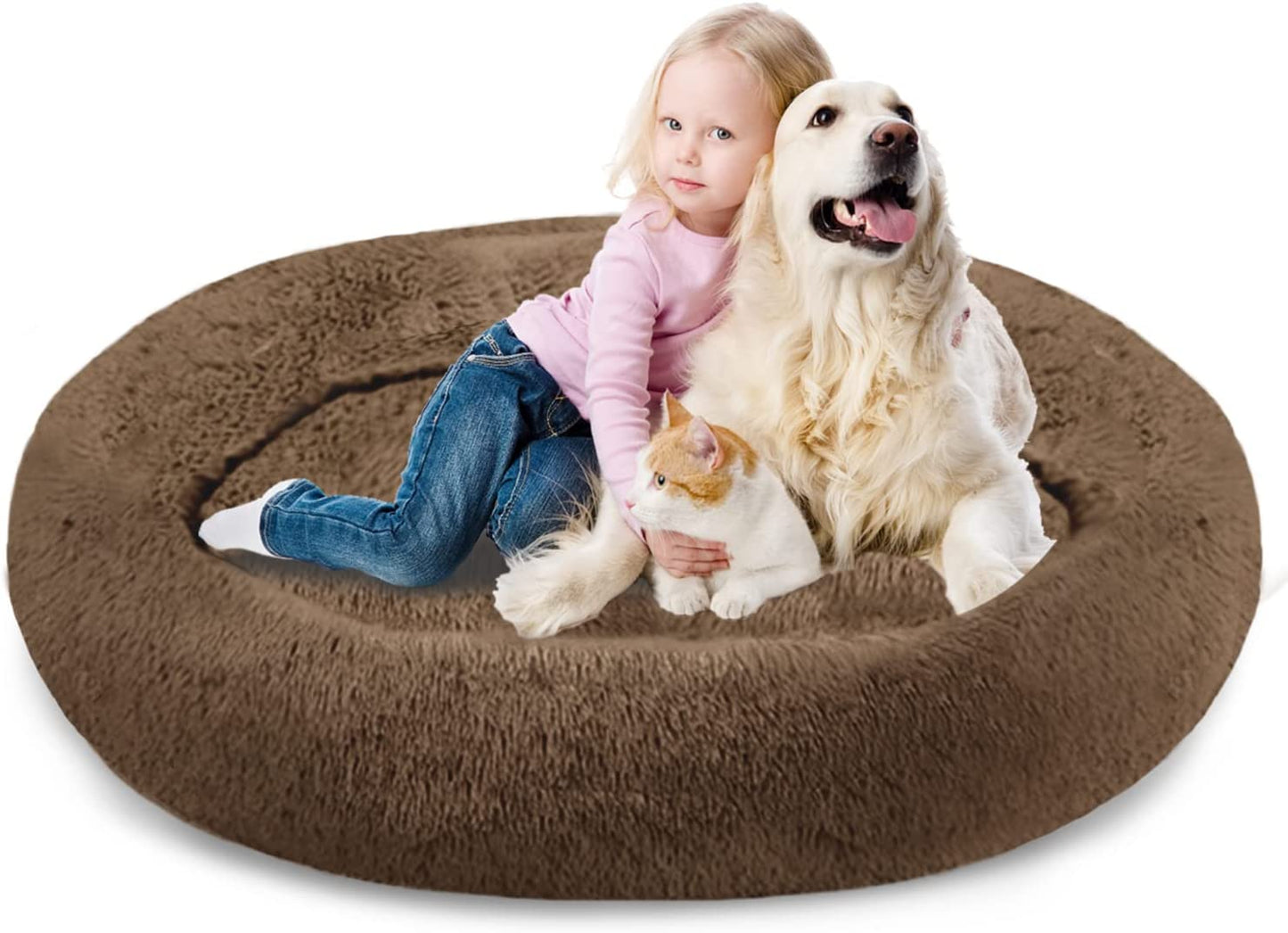 Plush Calming Donut Dog Beds for Small Dogs, Medium, Large & X-Large Breeds, Comfy Cuddler Dog Bed and Cat Bed in Faux Fur, Washable, Multiple Sizes S-XXL