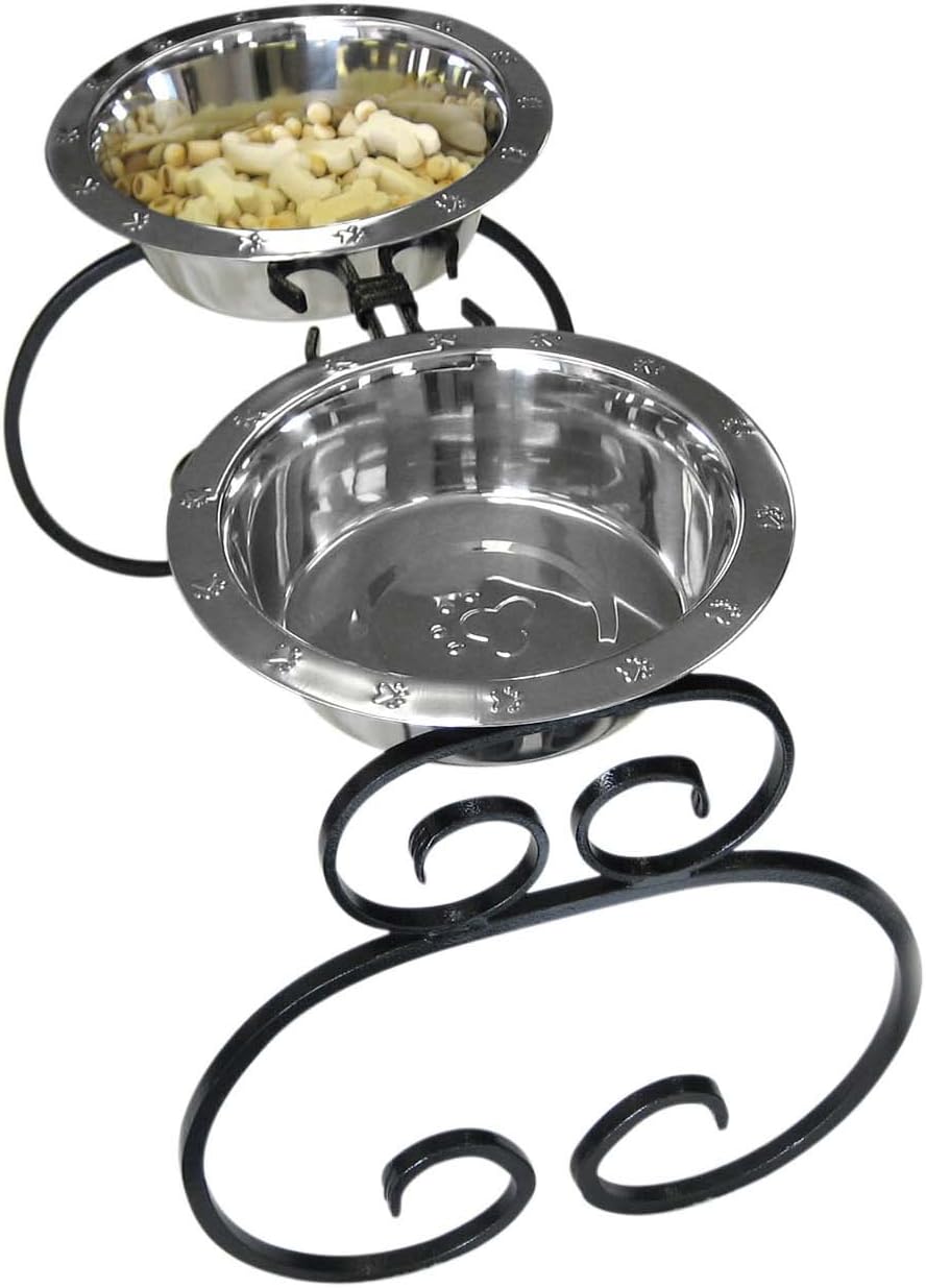 SilverPaw™ Classic Wrought Iron Elevated Dog Feeder – 3 Quart Bowls, 10” Raised Stand for Large Breeds